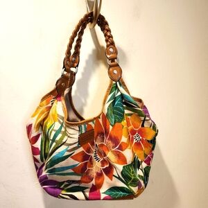 Relic Vibrant Floral Shoulder  Fabric Bag with Braided Leather  Handles